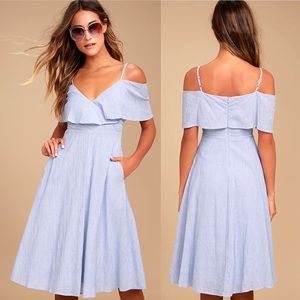Lulu’s Yacht Rock Blue and White Striped Off-the-Shoulder Midi Dress